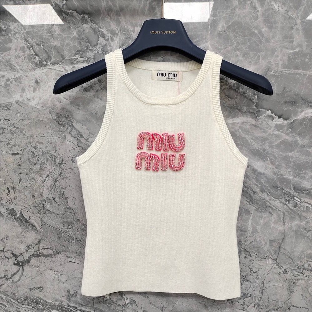 Miu Miu Cream Knit Tank with Pink Logo Patch